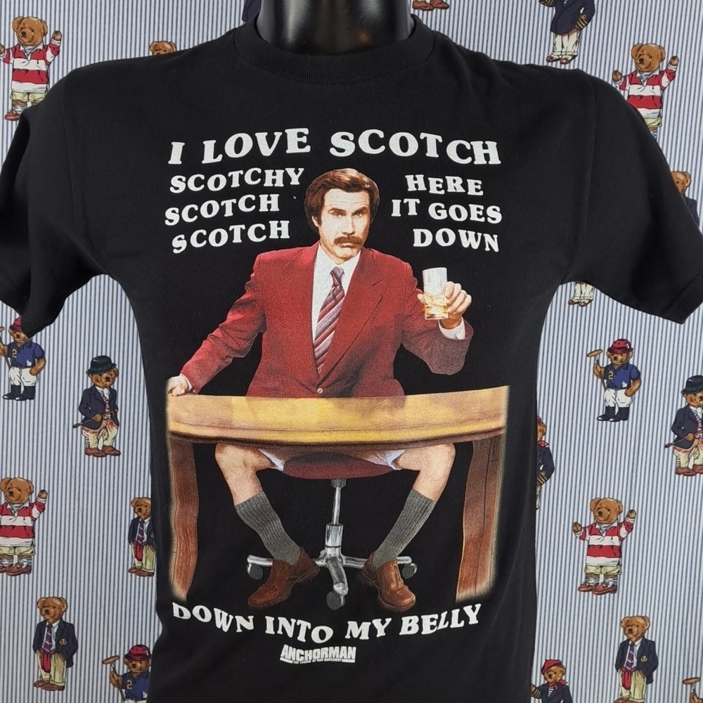 2004 Anchorman Ron Burgundy Scotch movie promo graphic small black & red t-shirt